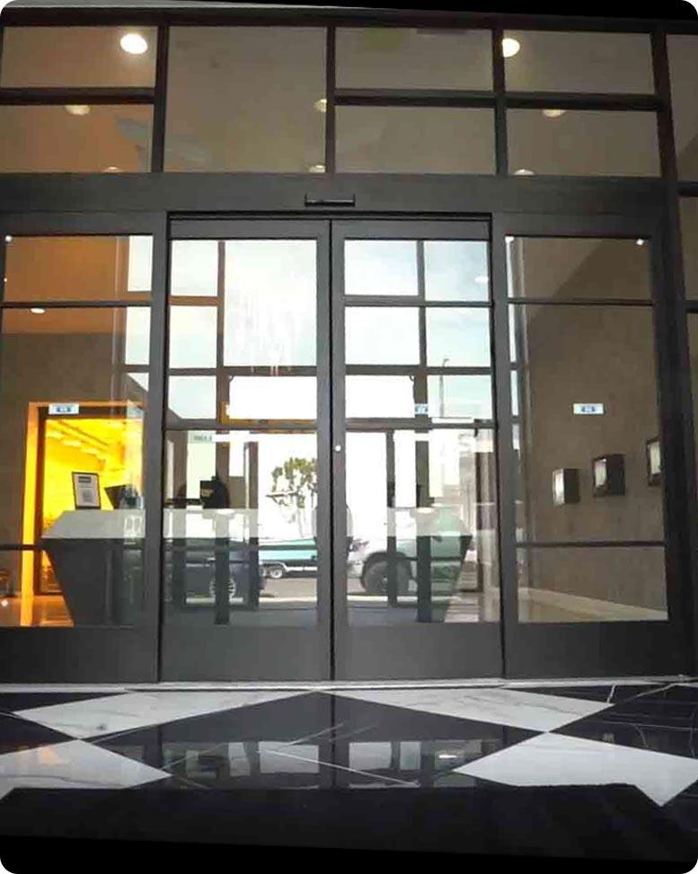 Elegant entrance doors at the Santa Ana dispensary location.